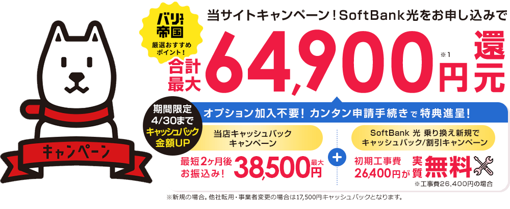 オプション加入不要!当店限定、現金38,500円キャッシュバック+他社からの乗り換えも安心、初期工事費26,400円が実質無料
