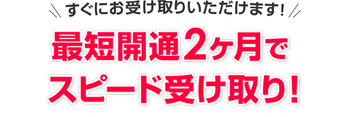 すぐにお受け取りいただけます! 最短開通2ヶ月でスピードお振込み!
